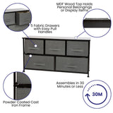 English Elm 5 Drawer Wood Top Cast Iron Frame Vertical Storage Dresser with Dark Gray Easy Pull Fabric Drawers