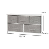 English Elm 5 Drawer Wood Top Cast Iron Frame Vertical Storage Dresser with Light Gray Easy Pull Fabric Drawers