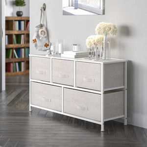 English Elm 5 Drawer Wood Top Cast Iron Frame Vertical Storage Dresser with Light Gray Easy Pull Fabric Drawers