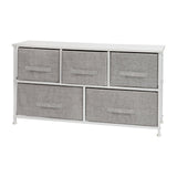 English Elm 5 Drawer Wood Top Cast Iron Frame Vertical Storage Dresser with Light Gray Easy Pull Fabric Drawers