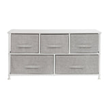 English Elm 5 Drawer Wood Top Cast Iron Frame Vertical Storage Dresser with Light Gray Easy Pull Fabric Drawers