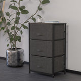 English Elm 3 Drawer Wood Top Cast Iron Frame Vertical Storage Dresser with Dark Gray Easy Pull Fabric Drawers