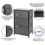 English Elm 3 Drawer Wood Top Cast Iron Frame Vertical Storage Dresser with Dark Gray Easy Pull Fabric Drawers