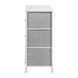 English Elm 3 Drawer Wood Top Cast Iron Frame Vertical Storage Dresser with Light Gray Easy Pull Fabric Drawers