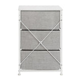 English Elm 3 Drawer Wood Top Cast Iron Frame Vertical Storage Dresser with Light Gray Easy Pull Fabric Drawers