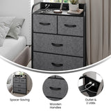 English Elm 4 Drawer Nightstand with Charging Station, 2 USB Ports, 1 Outlet, Metal Frame, Engineered Wood Top, Charcoal Drawers, Handles