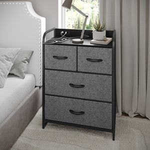 English Elm 4 Drawer Nightstand with Charging Station, 2 USB Ports, 1 Outlet, Metal Frame, Engineered Wood Top, Charcoal Drawers, Handles