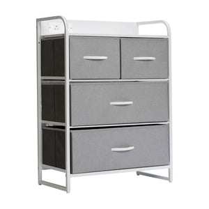 English Elm 4 Drawer Nightstand with Charging Station, 2 USB Ports, 1 Outlet, White Metal Frame, White Engineered Wood Top, Drawers, White Handles