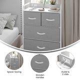 English Elm 4 Drawer Nightstand with Charging Station, 2 USB Ports, 1 Outlet, White Metal Frame, White Engineered Wood Top, Drawers, White Handles