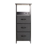 English Elm 3 Drawer Nightstand with Charging Station, 2 USB Ports, 1 Outlet, Metal Frame, Engineered Wood Top, Charcoal Drawers, Handles