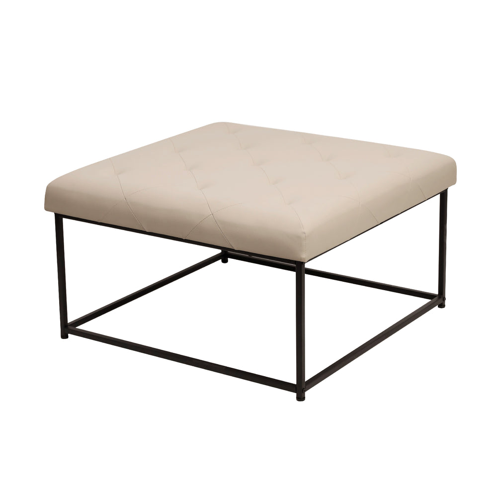 English Elm 30" Square LeatherSoft Tufted Ottoman with Metal Frame, LeatherSoft/Black Frame