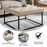 English Elm 30" Square LeatherSoft Tufted Ottoman with Metal Frame, LeatherSoft/Black Frame