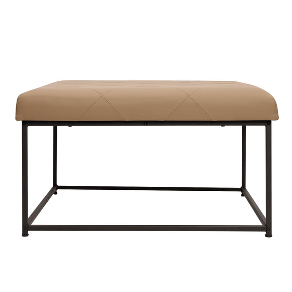 English Elm 30" Square LeatherSoft Tufted Ottoman with Metal Frame, LeatherSoft/Black Frame