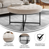 English Elm 34" Round Cotton Linen Tufted Ottoman with Metal Frame, Cotton Linen/Black Frame