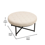 English Elm 34" Round Cotton Linen Tufted Ottoman with Metal Frame, Cotton Linen/Black Frame