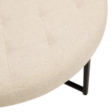 English Elm 34" Round Cotton Linen Tufted Ottoman with Metal Frame, Cotton Linen/Black Frame