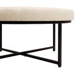 English Elm 34" Round Cotton Linen Tufted Ottoman with Metal Frame, Cotton Linen/Black Frame