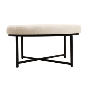 English Elm 34" Round Cotton Linen Tufted Ottoman with Metal Frame, Cotton Linen/Black Frame