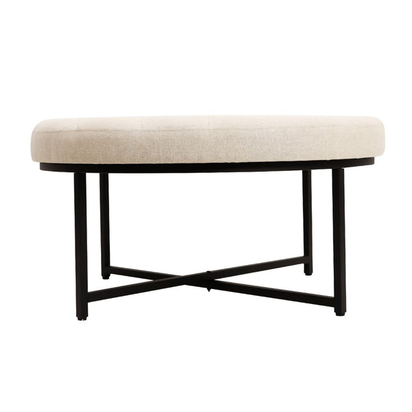 English Elm 34" Round Cotton Linen Tufted Ottoman with Metal Frame, Cotton Linen/Black Frame