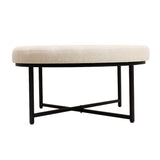 English Elm 34" Round Cotton Linen Tufted Ottoman with Metal Frame, Cotton Linen/Black Frame