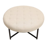 English Elm 34" Round Cotton Linen Tufted Ottoman with Metal Frame, Cotton Linen/Black Frame