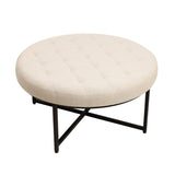 English Elm 34" Round Cotton Linen Tufted Ottoman with Metal Frame, Cotton Linen/Black Frame