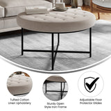 English Elm 34" Round Cotton Linen Tufted Ottoman with Metal Frame, Cotton Linen/Black Frame