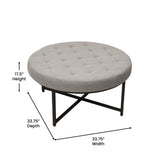 English Elm 34" Round Cotton Linen Tufted Ottoman with Metal Frame, Cotton Linen/Black Frame