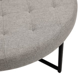 English Elm 34" Round Cotton Linen Tufted Ottoman with Metal Frame, Cotton Linen/Black Frame