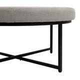 English Elm 34" Round Cotton Linen Tufted Ottoman with Metal Frame, Cotton Linen/Black Frame