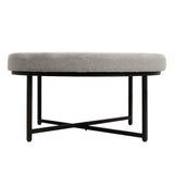 English Elm 34" Round Cotton Linen Tufted Ottoman with Metal Frame, Cotton Linen/Black Frame