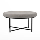 English Elm 34" Round Cotton Linen Tufted Ottoman with Metal Frame, Cotton Linen/Black Frame