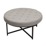 English Elm 34" Round Cotton Linen Tufted Ottoman with Metal Frame, Cotton Linen/Black Frame