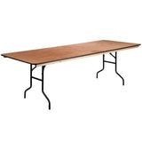 English Elm Commercial Grade 8-Foot Rectangular Wood Folding Banquet Table with Clear Coated Finished Top