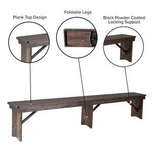 English Elm Commercial Grade 8' x 12" Antique Rustic Solid Pine Folding Farm Bench with 3 Legs