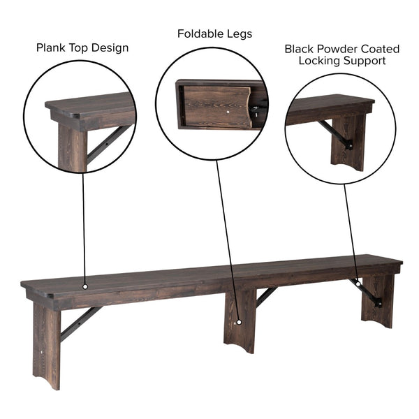 English Elm Commercial Grade 8' x 12" Antique Rustic Solid Pine Folding Farm Bench with 3 Legs