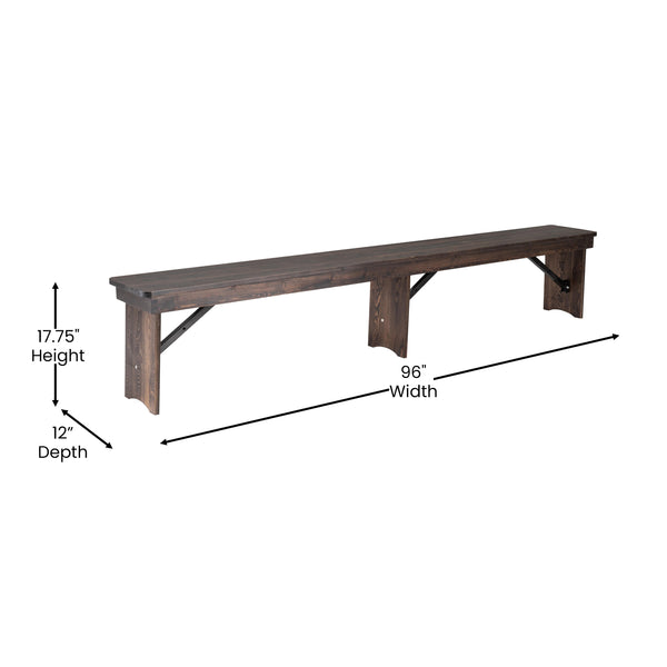 English Elm Commercial Grade 8' x 12" Antique Rustic Solid Pine Folding Farm Bench with 3 Legs