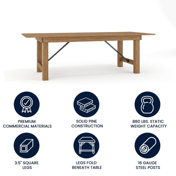 English Elm Commercial Grade Series 8' x 40" Rectangular Solid Pine Folding Farm Table