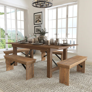 English Elm Commercial Grade Series 7' x 40'' Folding Farm Table and Four Bench Set