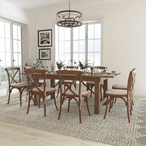 English Elm Commercial Grade Series 7' x 40'' Folding Farm Table Set with 8 Cross Back Chairs and Cushions