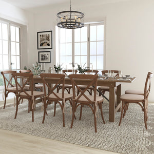 English Elm Commercial Grade Series 8' x 40'' Folding Farm Table Set with 10 Cross Back Chairs and Cushions