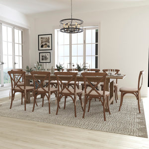 English Elm Commercial Grade Series 9' x 40'' Folding Farm Table Set with 10 Cross Back Chairs and Cushions