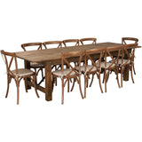 English Elm Commercial Grade Series 9' x 40'' Folding Farm Table Set with 10 Cross Back Chairs and Cushions