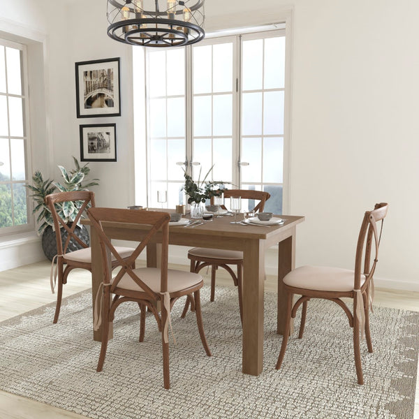 English Elm Commercial Grade 46" x 30" Farm Table Set with 4 Cross Back Chairs and Cushions