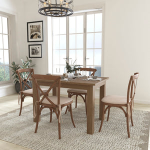 English Elm Commercial Grade 46" x 30" Farm Table Set with 4 Cross Back Chairs and Cushions