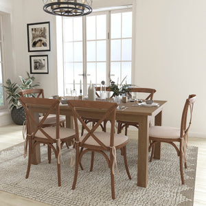 English Elm Commercial Grade 60" x 38" Farm Table Set with 6 Cross Back Chairs and Cushions