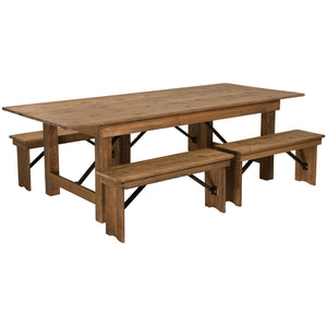 English Elm Commercial Grade Series 8' x 40'' Folding Farm Table and Four 40.25"L Bench Set