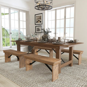 English Elm Commercial Grade Series 8' x 40'' Folding Farm Table and Four 40.25"L Bench Set