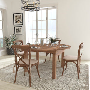 English Elm Commercial Grade Series 60" Round Solid Pine Folding Farm Dining Table Set with 4 Cross Back Chairs and Cushions