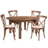 English Elm Commercial Grade Series 60" Round Solid Pine Folding Farm Dining Table Set with 4 Cross Back Chairs and Cushions